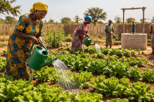 Femmes arrosant un jardin maraîcher collectif dans un village du Sénégal