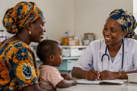 Consultation d'une mère et de son enfant dans un poste de santé rural au Sénégal